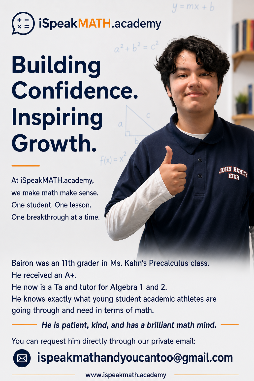 Bairon, an academic athlete and math tutor, celebrating his success in precalculus